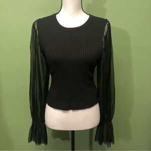 Forever 21 Black Ribbed Top with Sheer balloon Sleeves